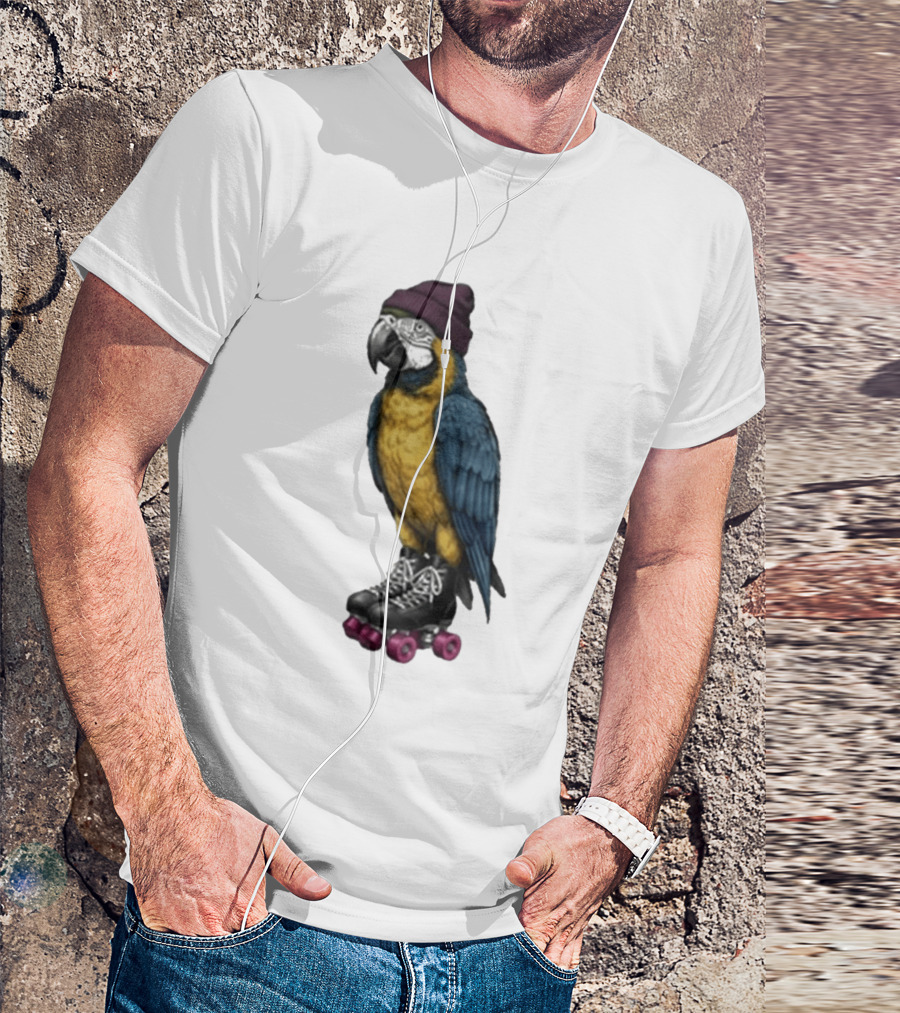 Nice Roller Skating Parrot With Hat And Colorful Feathers T-Shirt