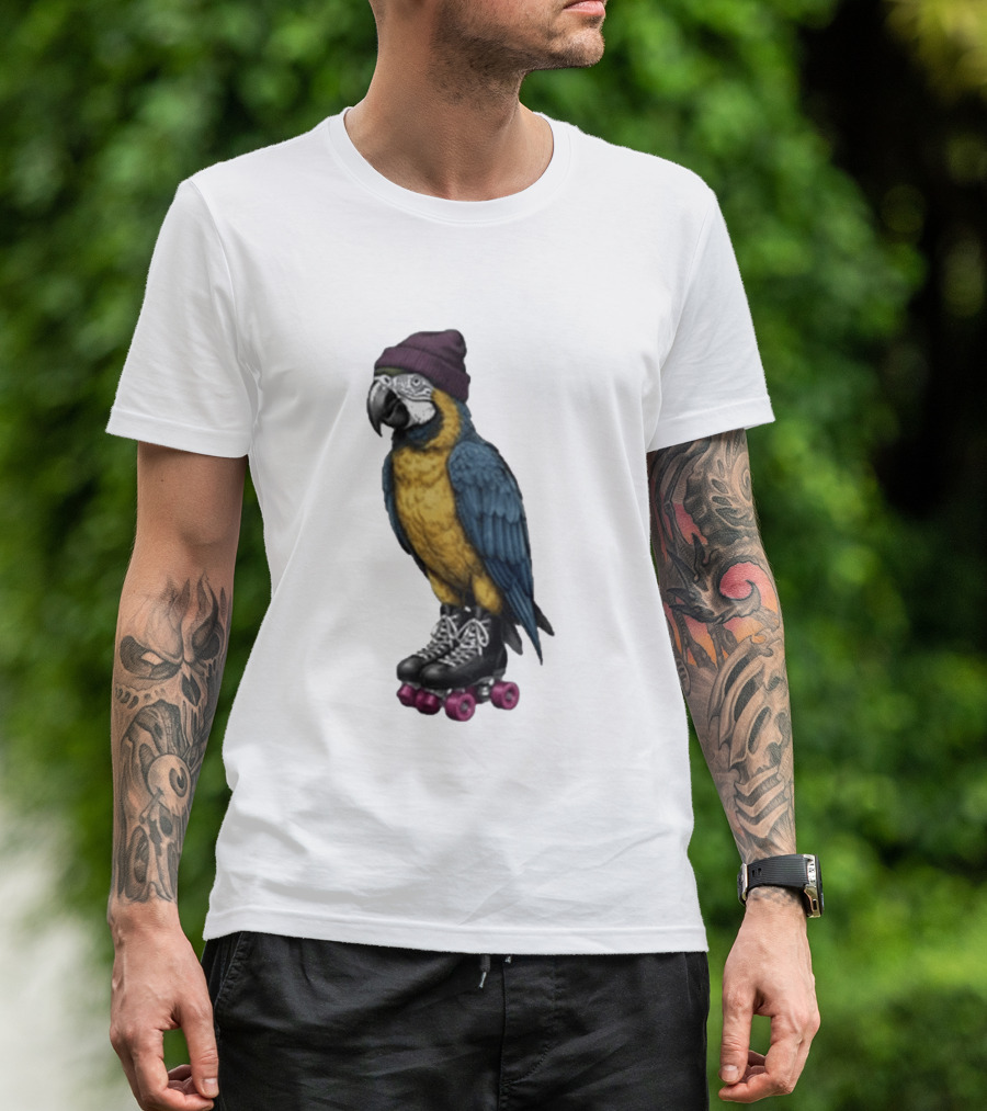 Nice Roller Skating Parrot With Hat And Colorful Feathers T-Shirt