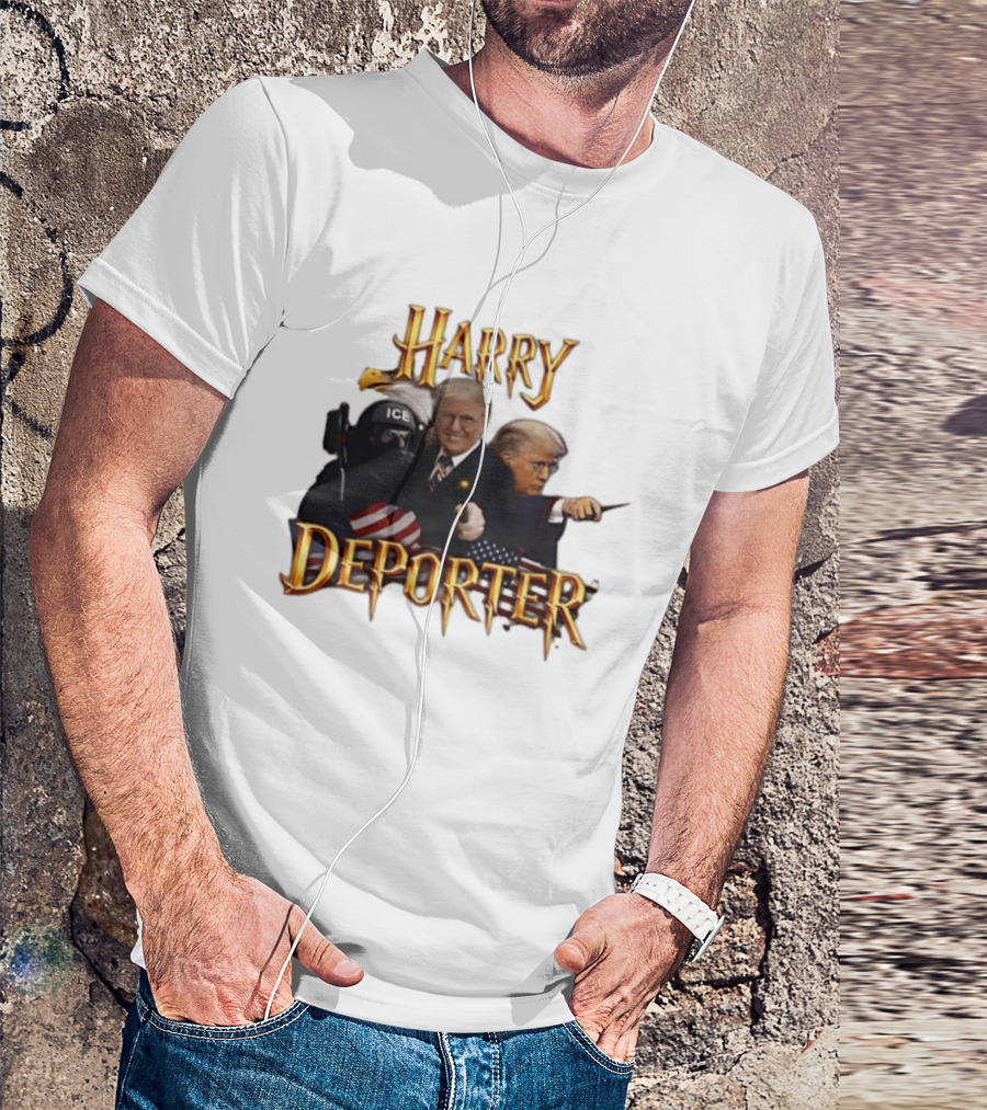 Harry Deporter Trump Magic ICE Badge Wand American Flag T-Shirt