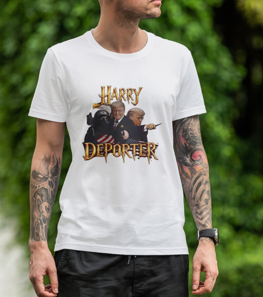 Harry Deporter Trump Magic ICE Badge Wand American Flag T-Shirt