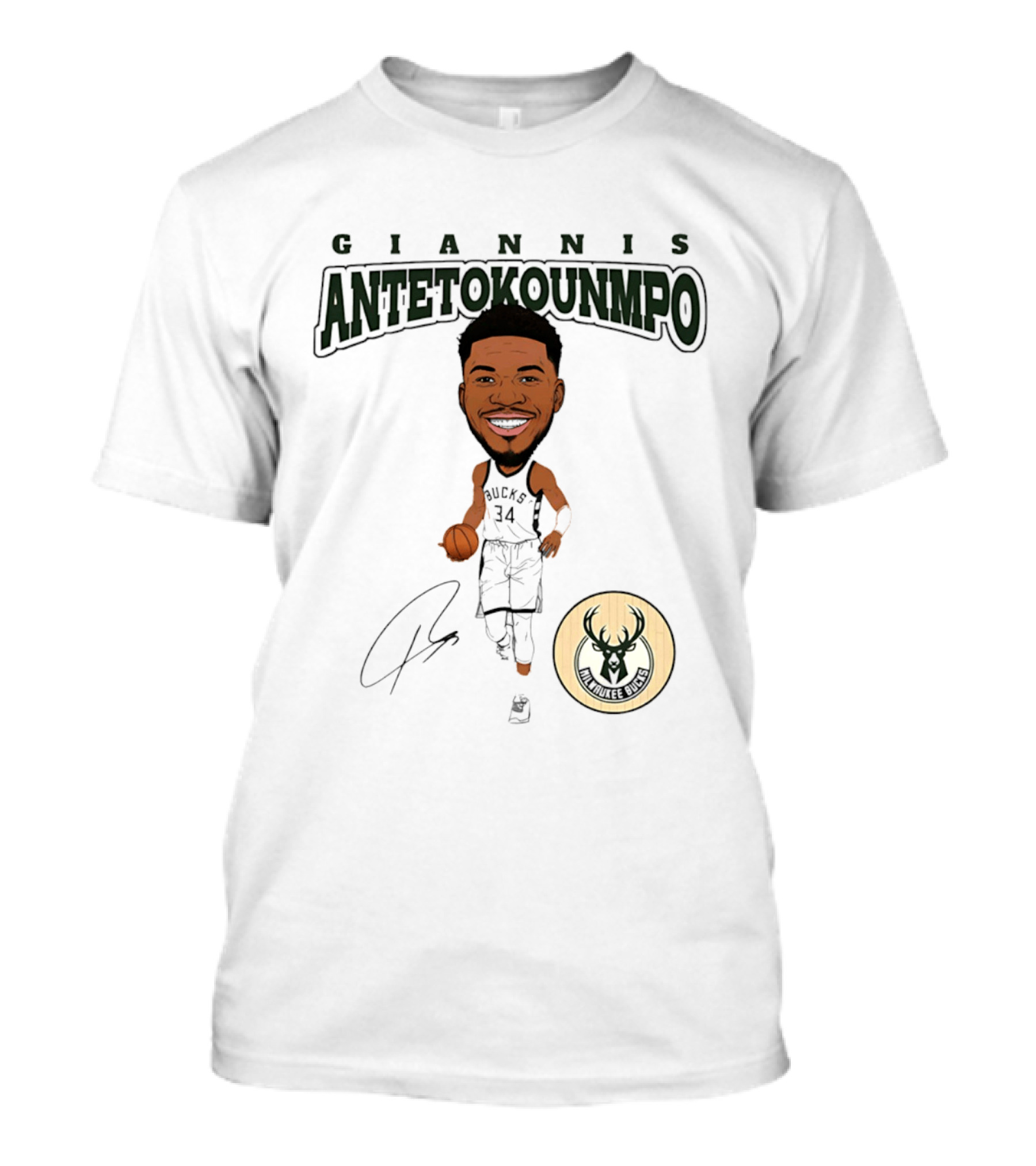 Giannis Antetokounmpo Milwaukee Bucks Hardwood Comic Caricature Basketball Signature 34 T-Shirt