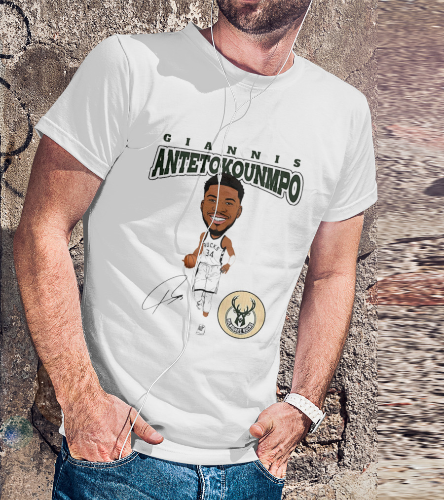 Giannis Antetokounmpo Milwaukee Bucks Hardwood Comic Caricature Basketball Signature 34 T-Shirt