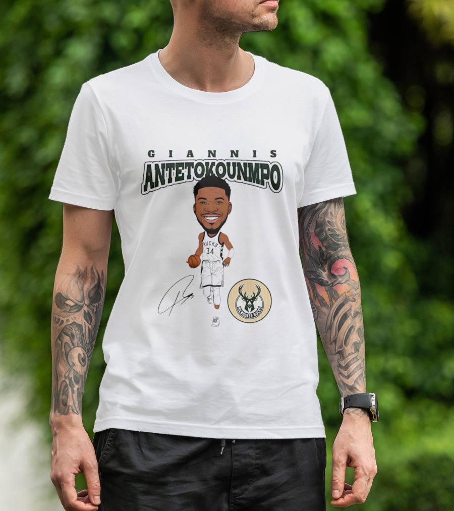 Giannis Antetokounmpo Milwaukee Bucks Hardwood Comic Caricature Basketball Signature 34 T-Shirt