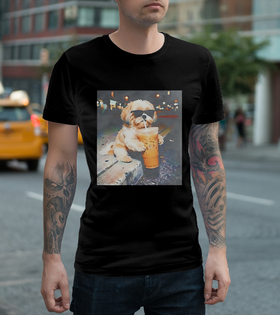 Shih Tzu Enjoying Iced Coffee At Night With Sunglasses T-Shirt