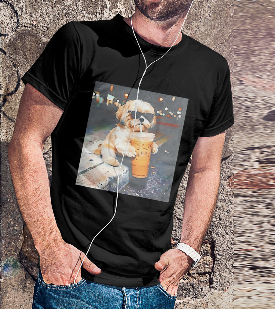 Shih Tzu Enjoying Iced Coffee At Night With Sunglasses T-Shirt