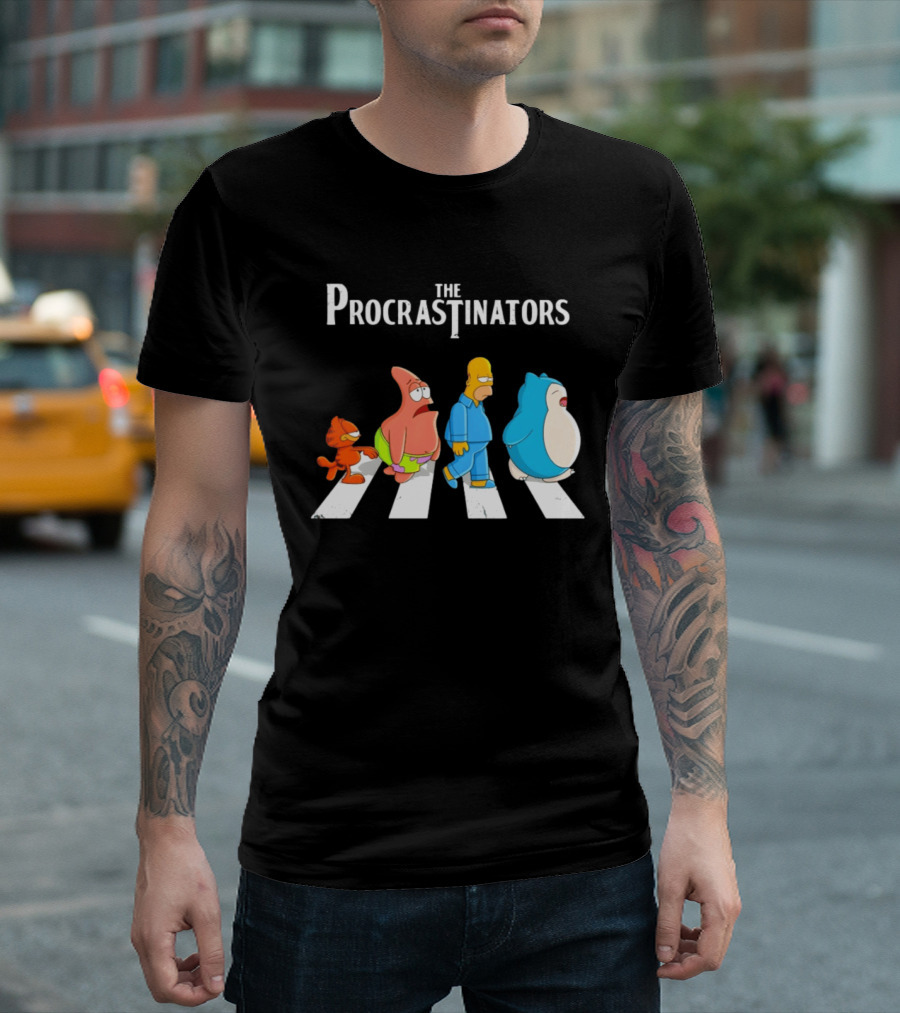 The Procrastinators Cartoon Abbey Road Parody With Iconic Characters Crossing T-Shirt