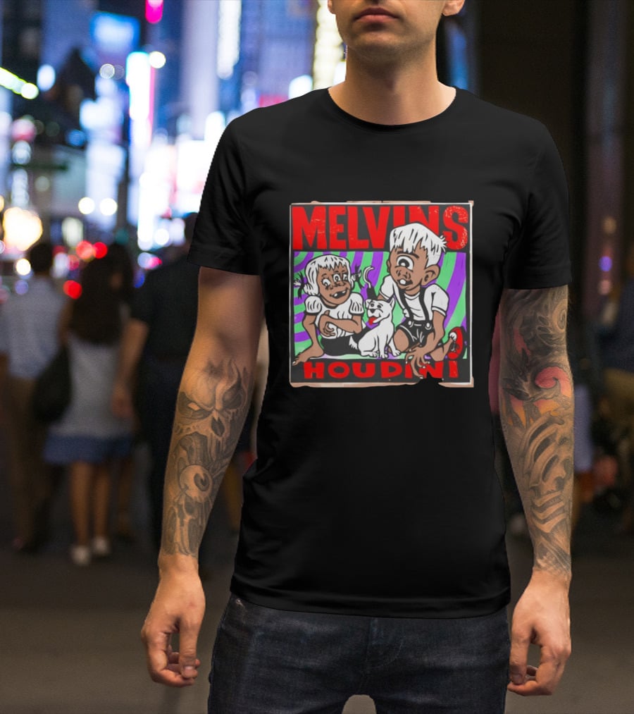 Melvins Houdini Album Cover Art With Two Cartoon Characters And Cat T-Shirt