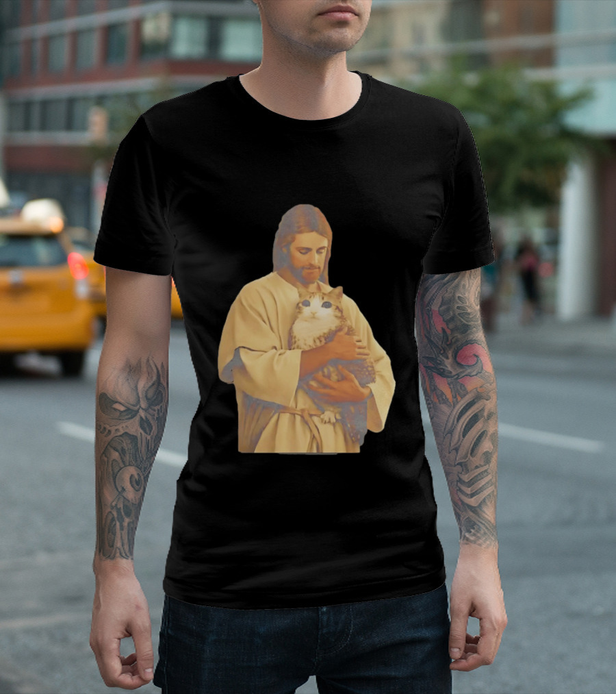 Jesus Embracing Chubby Cat T-Shirt