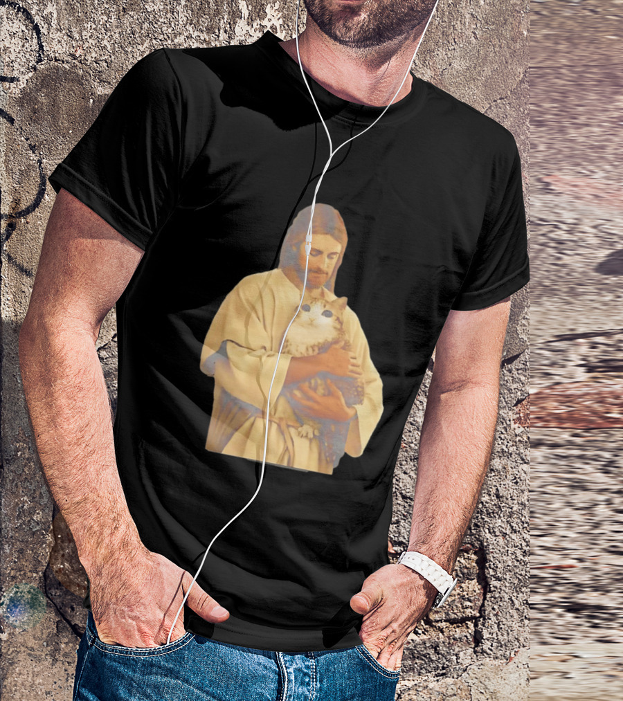 Jesus Embracing Chubby Cat T-Shirt
