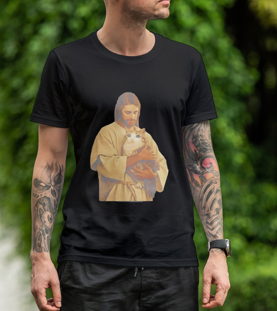 Jesus Embracing Chubby Cat T-Shirt