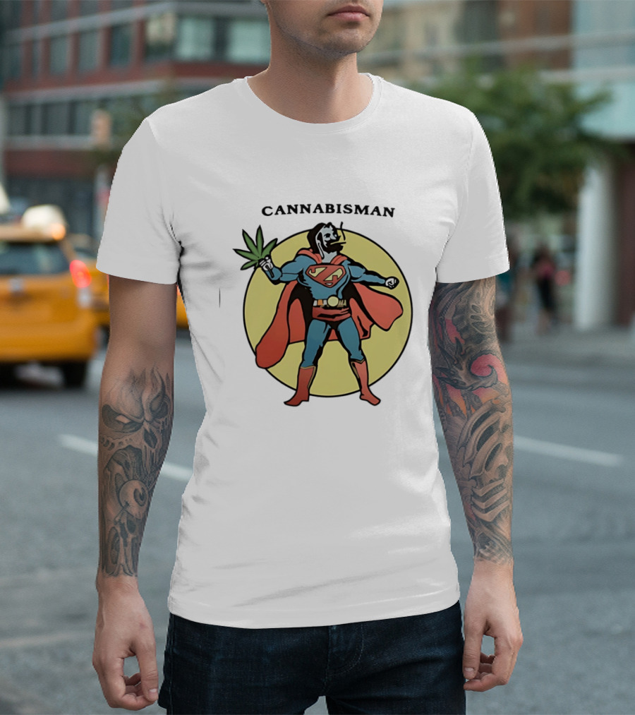 Cannabisman Superman Smoking Cannabis Holding Leaf T-Shirt