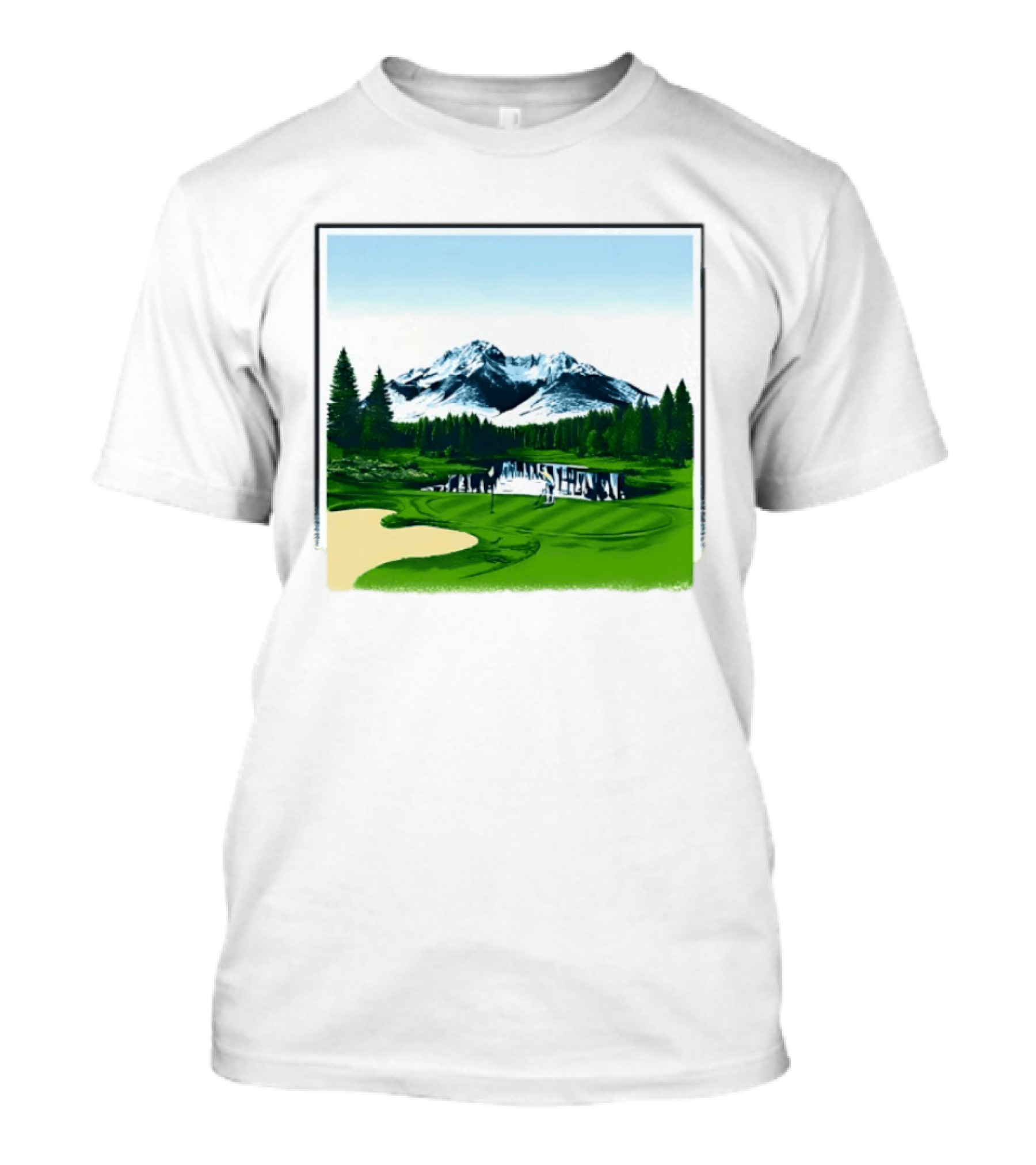 Golf Course Mountain Landscape Scenic Nature Forest Greenery Snowcapped Peaks T-Shirt