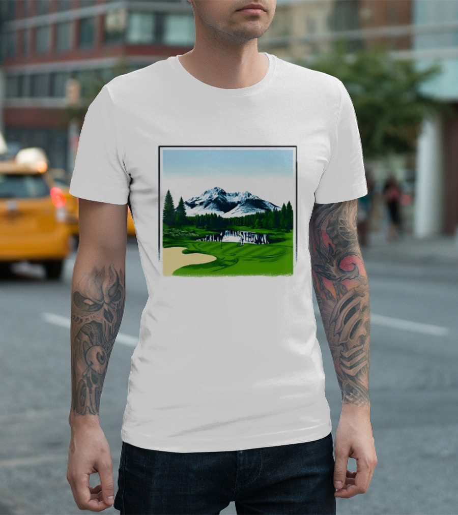 Golf Course Mountain Landscape Scenic Nature Forest Greenery Snowcapped Peaks T-Shirt