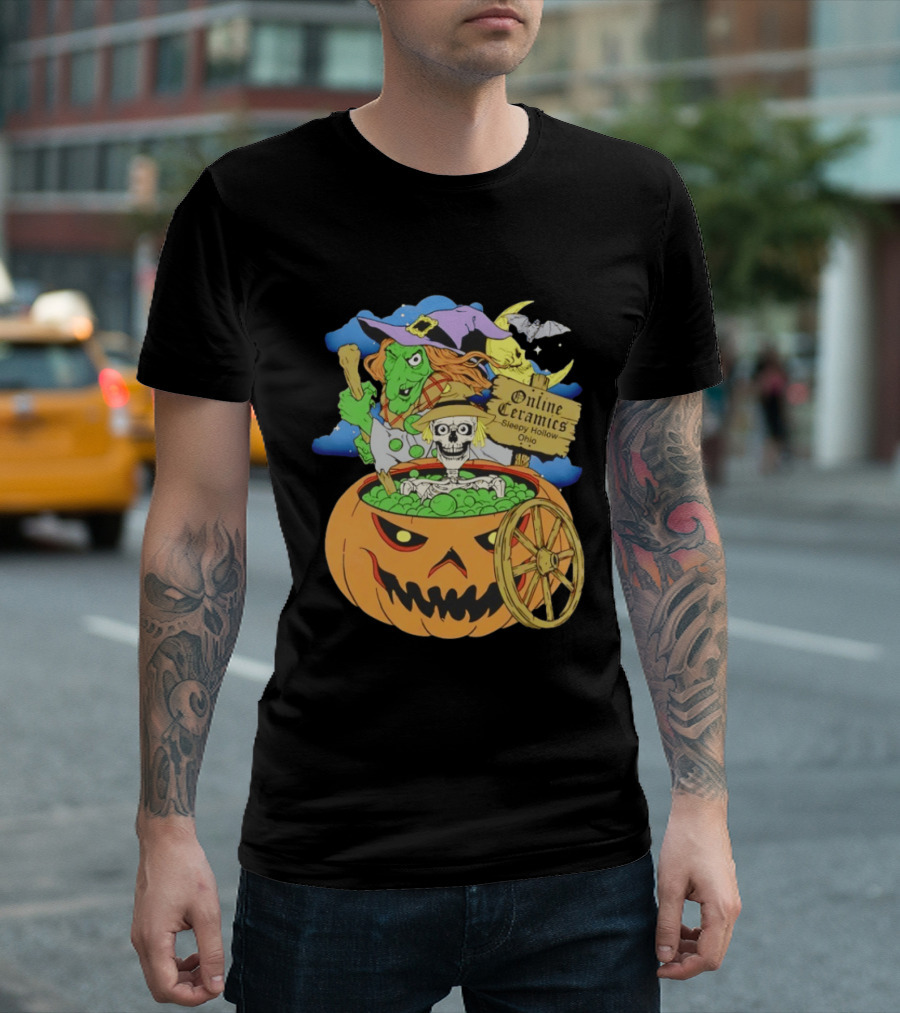 Online Ceramics Sleepy Hollow Ohio Witch Skeleton Pumpkin Cauldron Scene T-Shirt