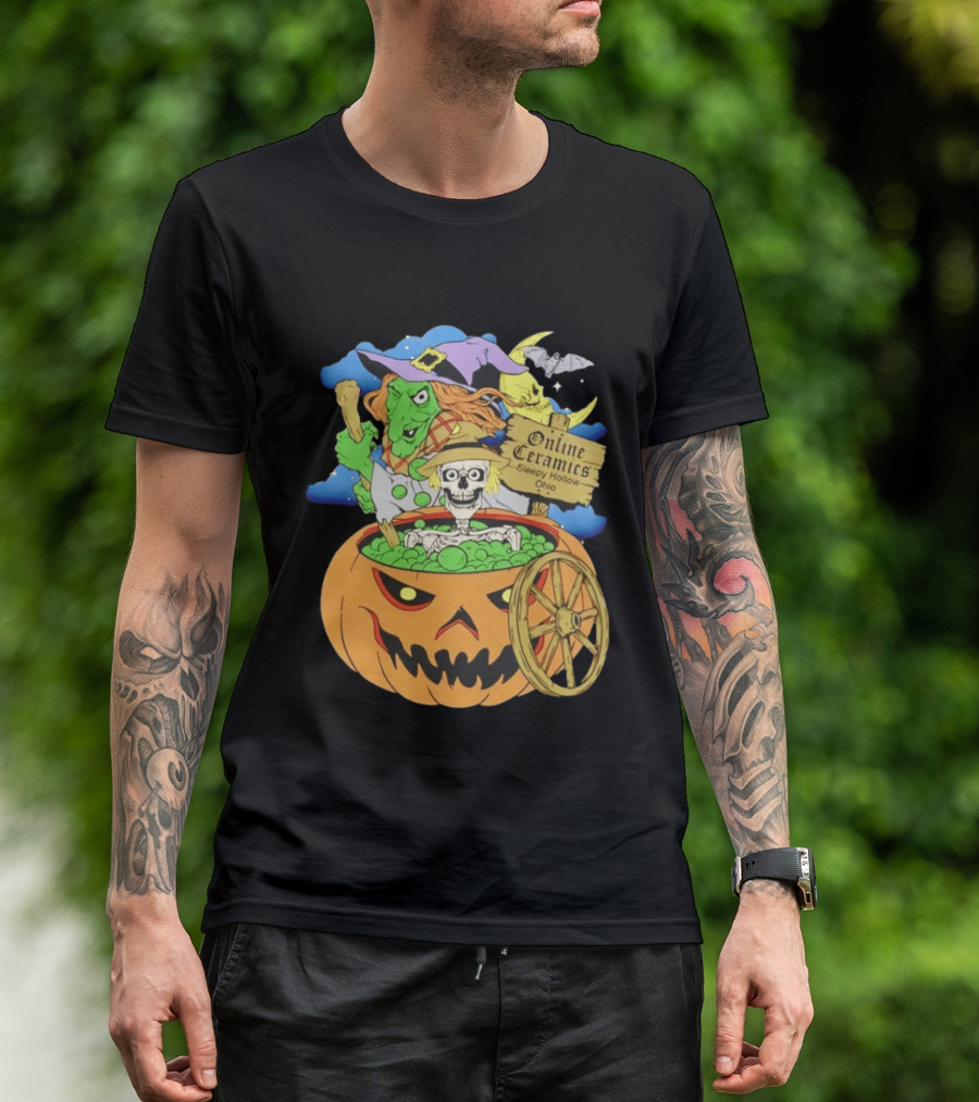 Online Ceramics Sleepy Hollow Ohio Witch Skeleton Pumpkin Cauldron Scene T-Shirt