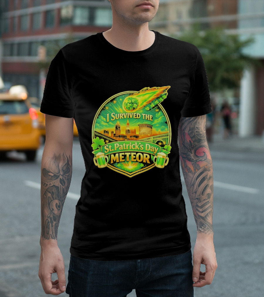I Survived The St Patrick's Day Meteor 2026 Cityscape And Cloverburst T-Shirt
