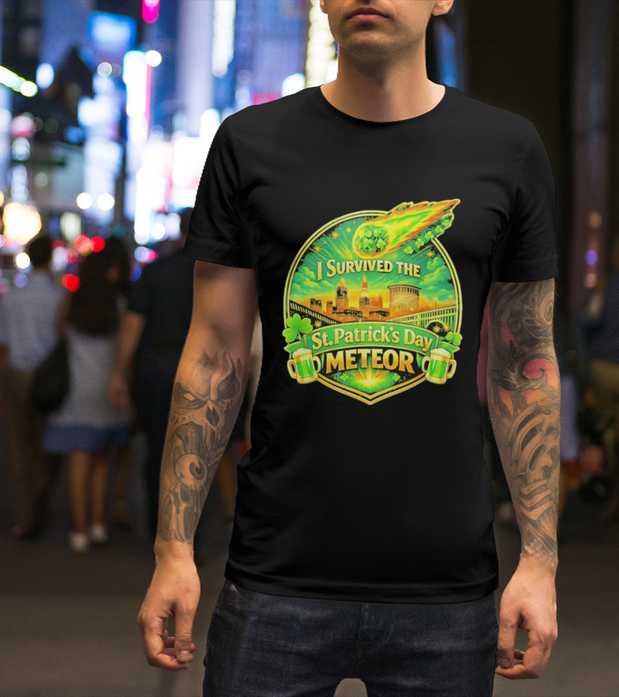 I Survived The St Patrick's Day Meteor 2026 Cityscape And Cloverburst T-Shirt