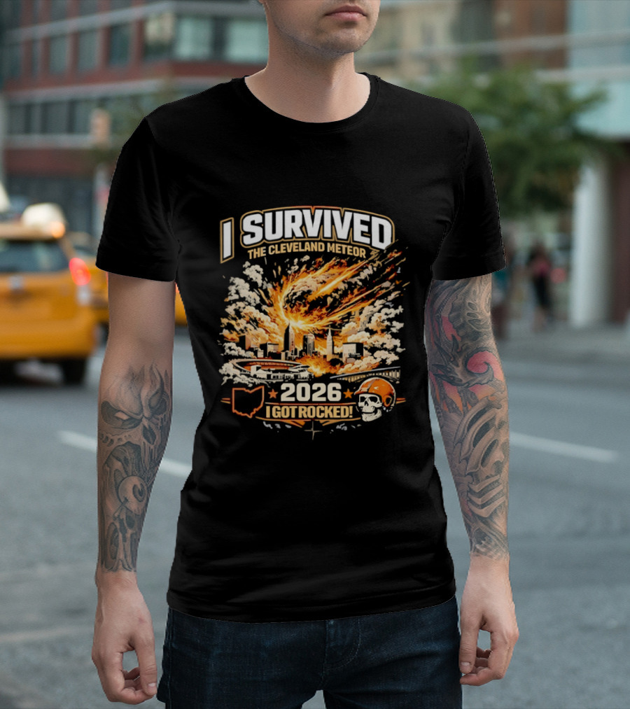 I Survived The Cleveland Meteor 2026 I Got Rocked Explosion Skull Helmet City Skyline T-Shirt