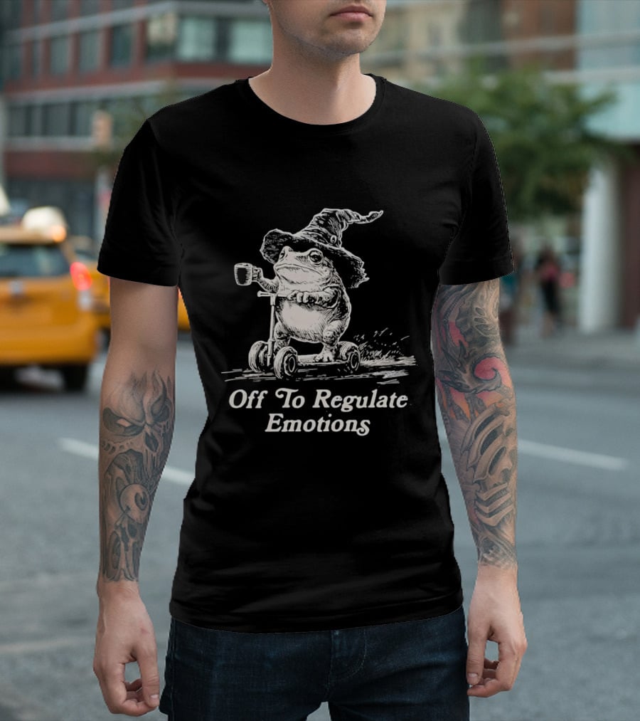Wizard Frog Riding Scooter Off To Regulate Emotions T-Shirt