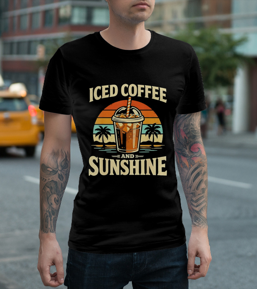 Iced Coffee And Sunshine Beach Vibes With Palm Trees And Sunset T-Shirt