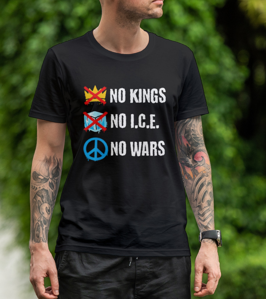 No Kings No I.C.E No Wars Peace Symbol Crossed Out Crown And Ice Block T-Shirt
