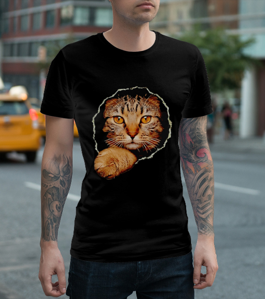 Tabby Cat Golden Eyes Peeking Through Handsome Brown T-Shirt
