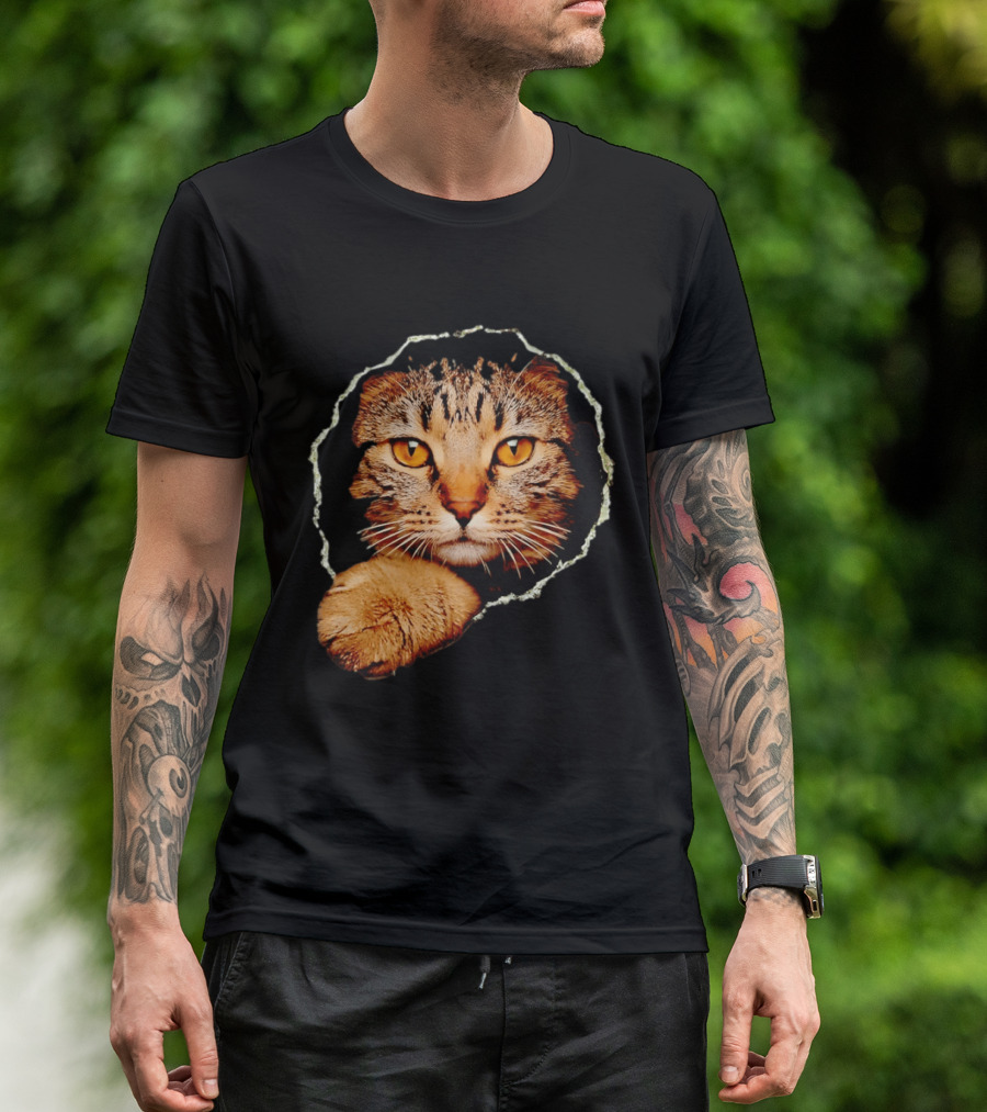 Tabby Cat Golden Eyes Peeking Through Handsome Brown T-Shirt