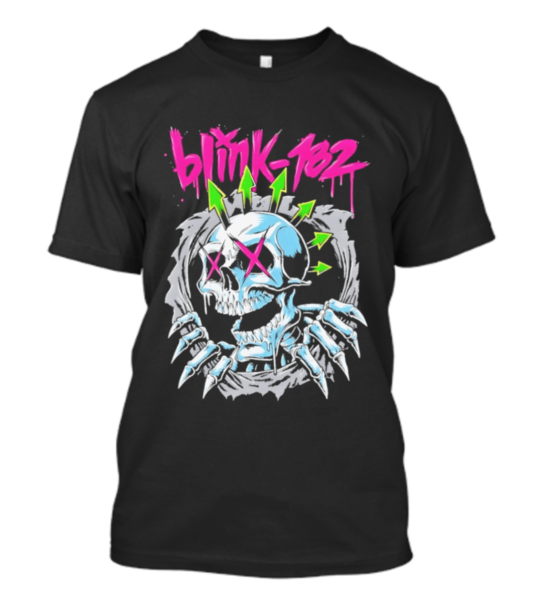 Blink 182 Pink Script With Neon Green Arrows And Punk Skull T-Shirt