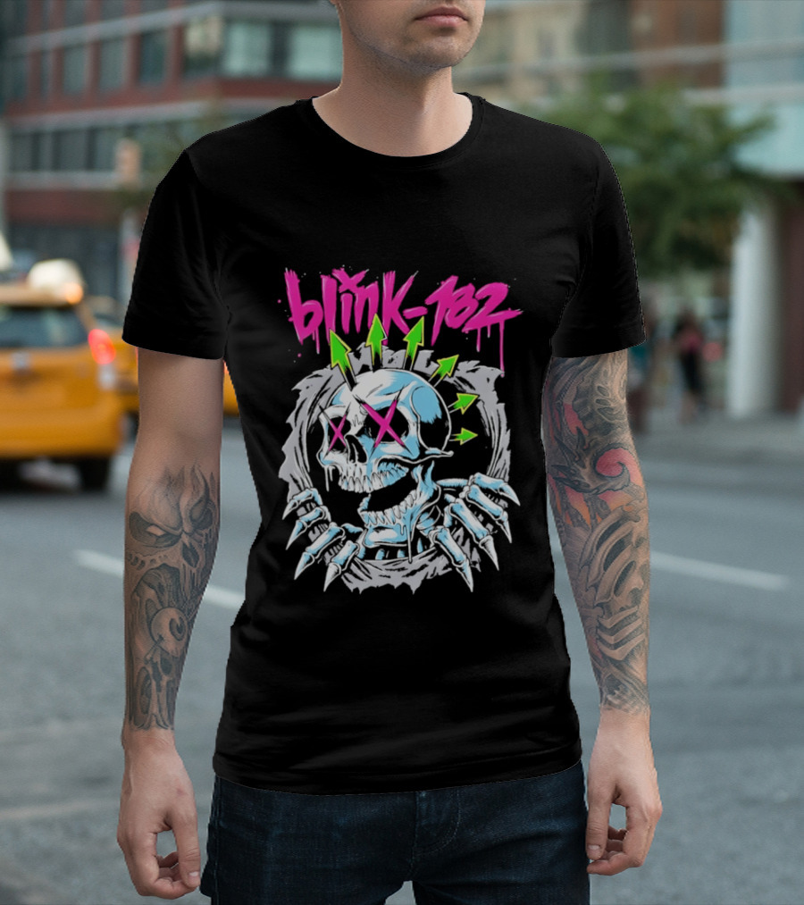 Blink 182 Pink Script With Neon Green Arrows And Punk Skull T-Shirt