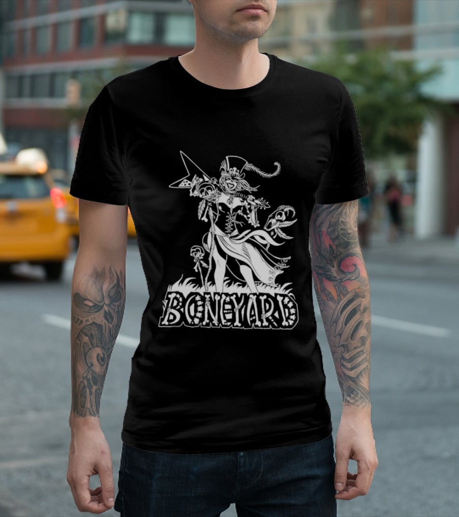 Boneyard Rocker Skeleton Woman Flying V Guitar T-Shirt