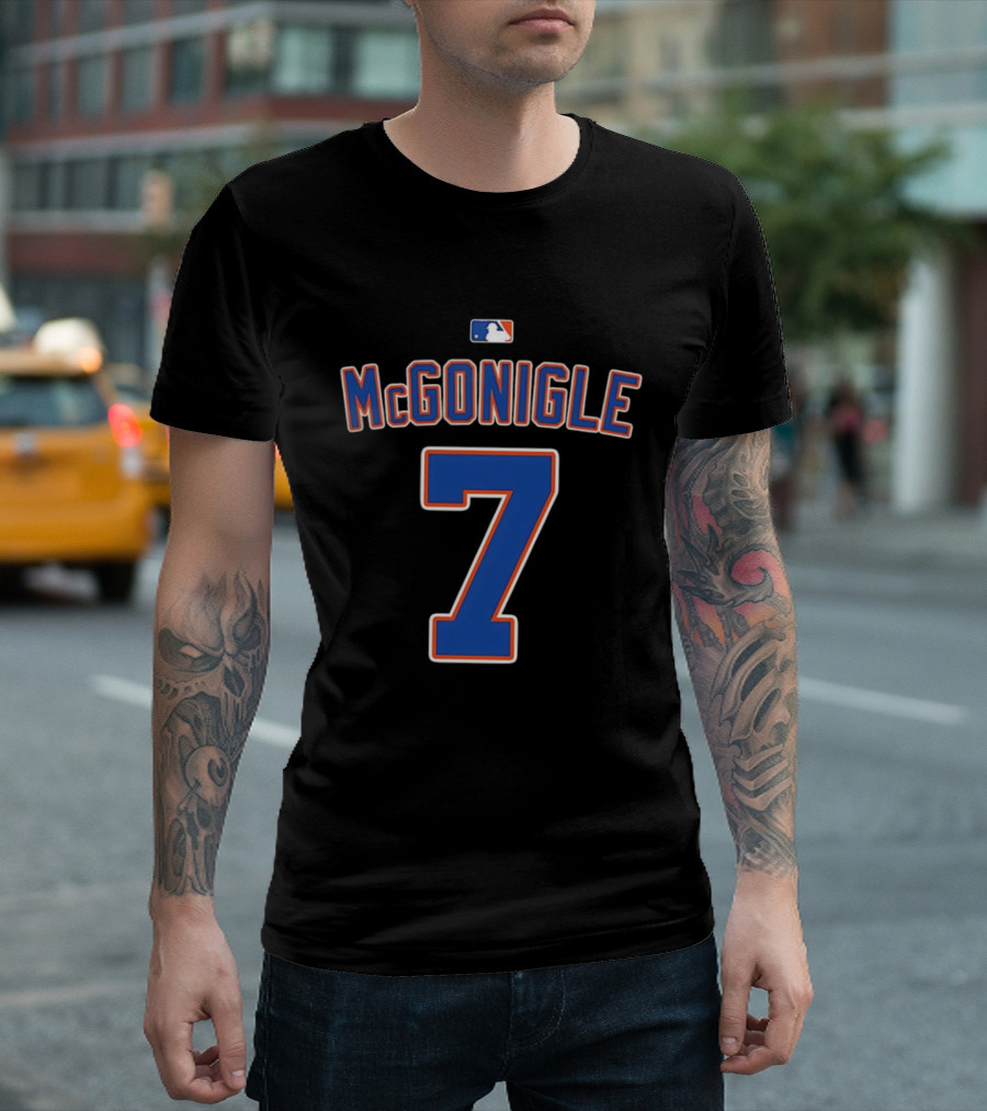 MLB McGonigle 7 Major League Baseball Logo Blue Red White T-Shirt