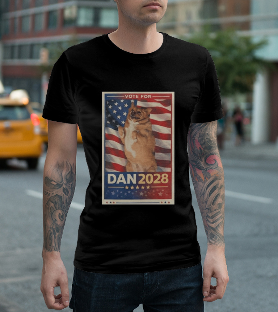 Vote For Dan 2028 American Flag Dog Stars Stripes T-Shirt