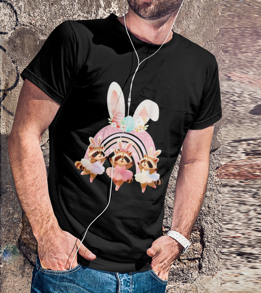 Ballet Dancer Ballerina Raccoons With Easter Bunny Ears And Eggs T-Shirt