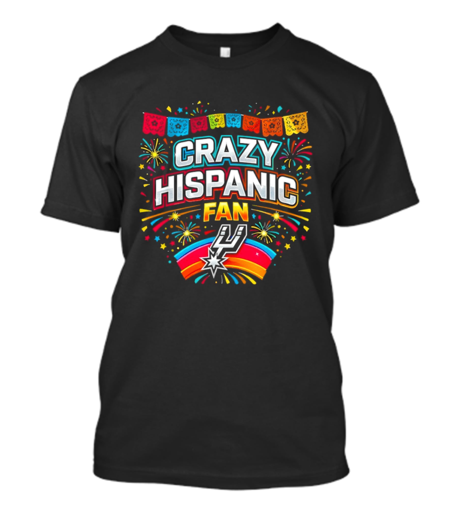 Crazy Hispanic Fan Spurs Colorful Festive Banner With Fireworks T-Shirt