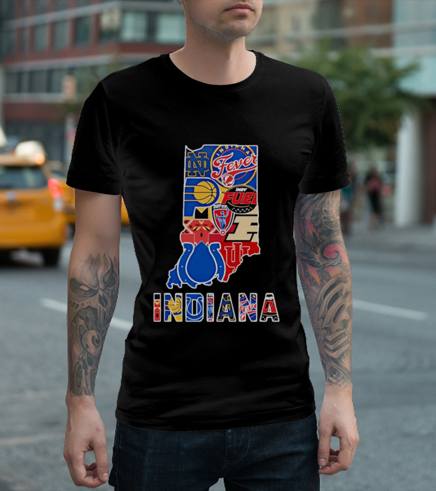 Indiana Sports Team Logos Map Featuring Colts Pacers Fever Hoosiers Fighting Irish Fuel T-Shirt