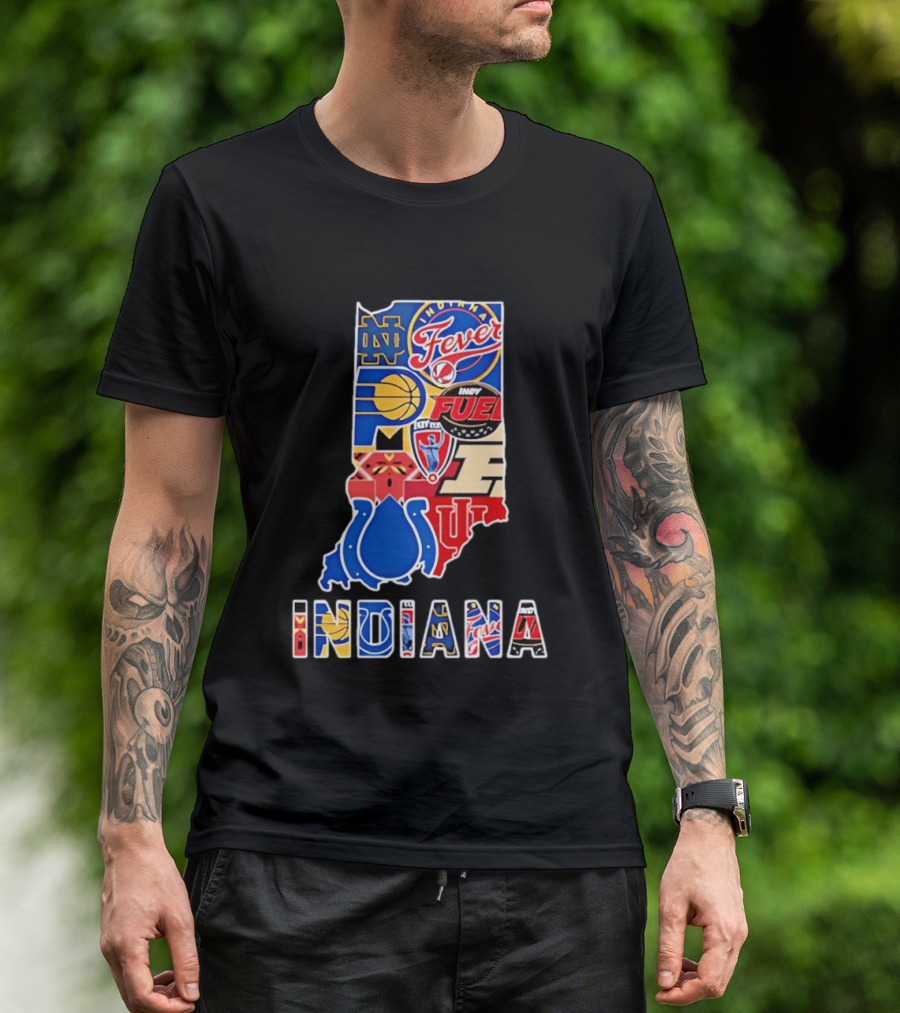 Indiana Sports Team Logos Map Featuring Colts Pacers Fever Hoosiers Fighting Irish Fuel T-Shirt