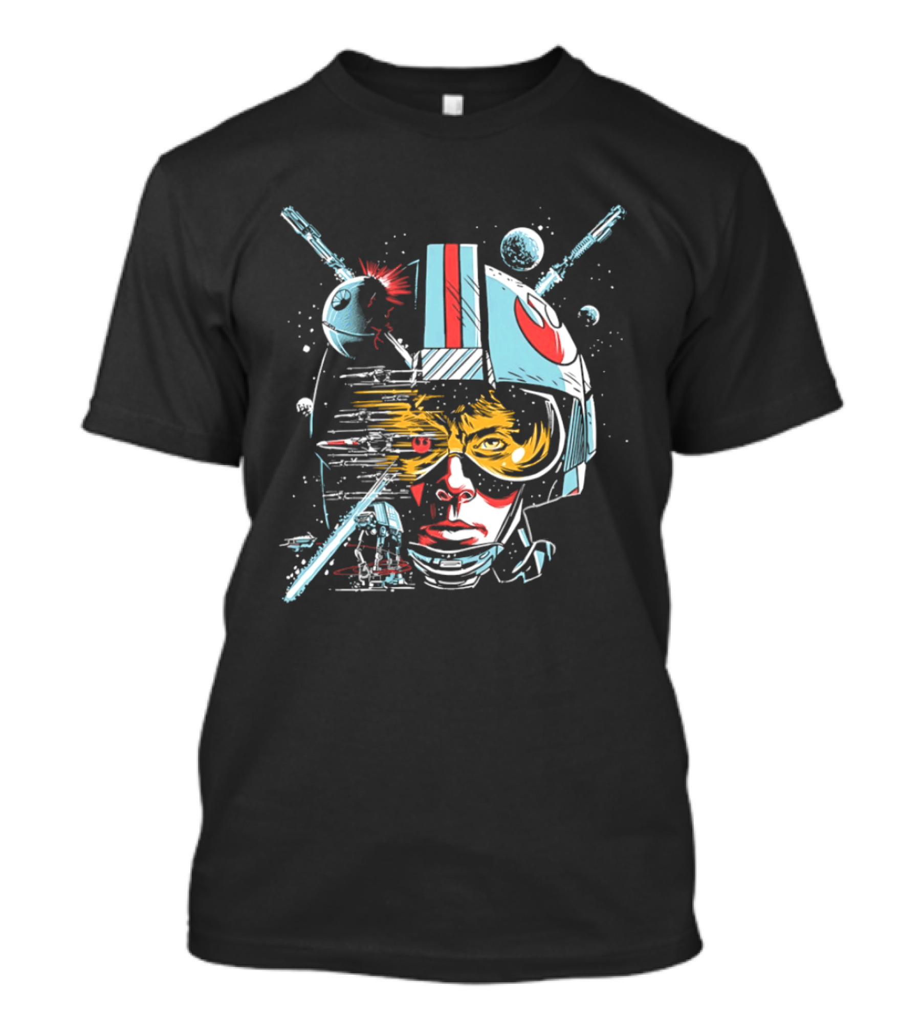 Luke Skywalker Helmet With Blaster And Planets T-Shirt