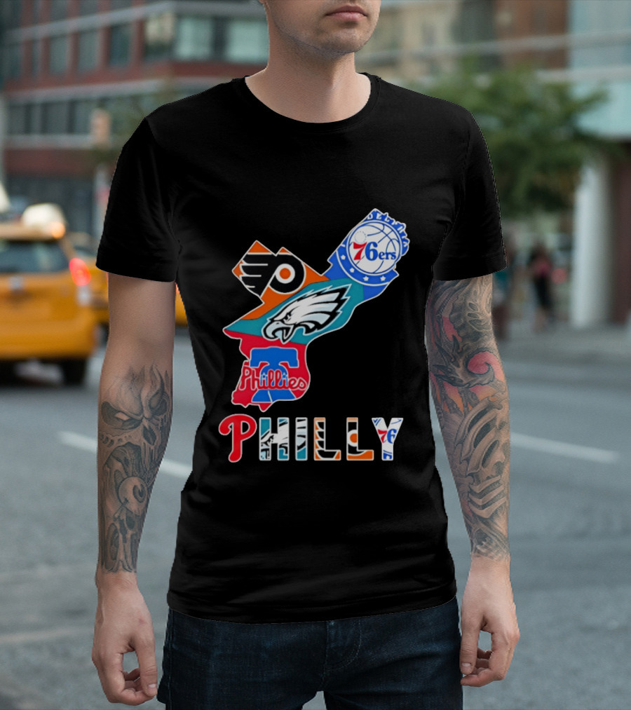 Philadelphia Flyers 76ers Eagles Phillies PHILLY Sports Logos State Map T-Shirt