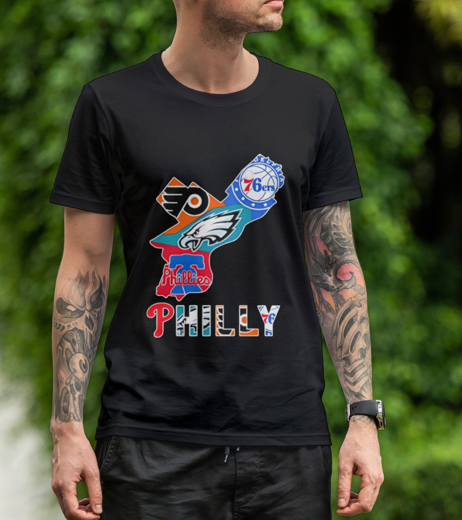Philadelphia Flyers 76ers Eagles Phillies PHILLY Sports Logos State Map T-Shirt
