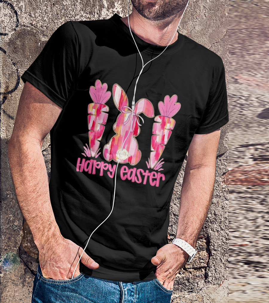 Pink Brushstroke Bunny Carrot Happy Easter T-Shirt