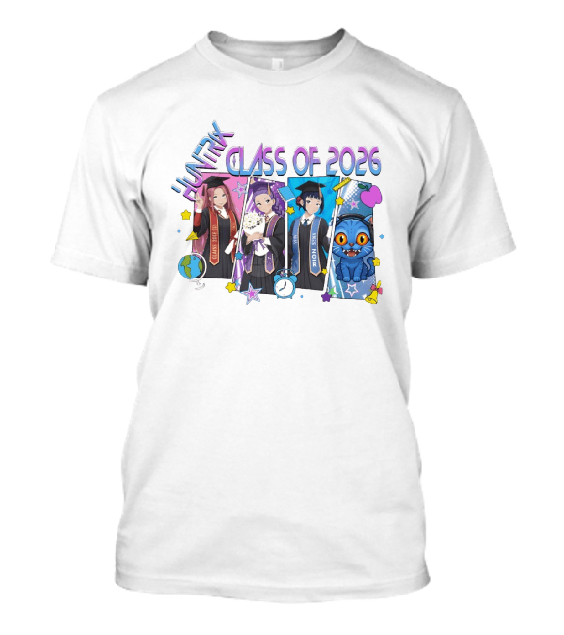 Huntik Class Of 2026 Graduation Celebration With Anime Characters And Cat T-Shirt