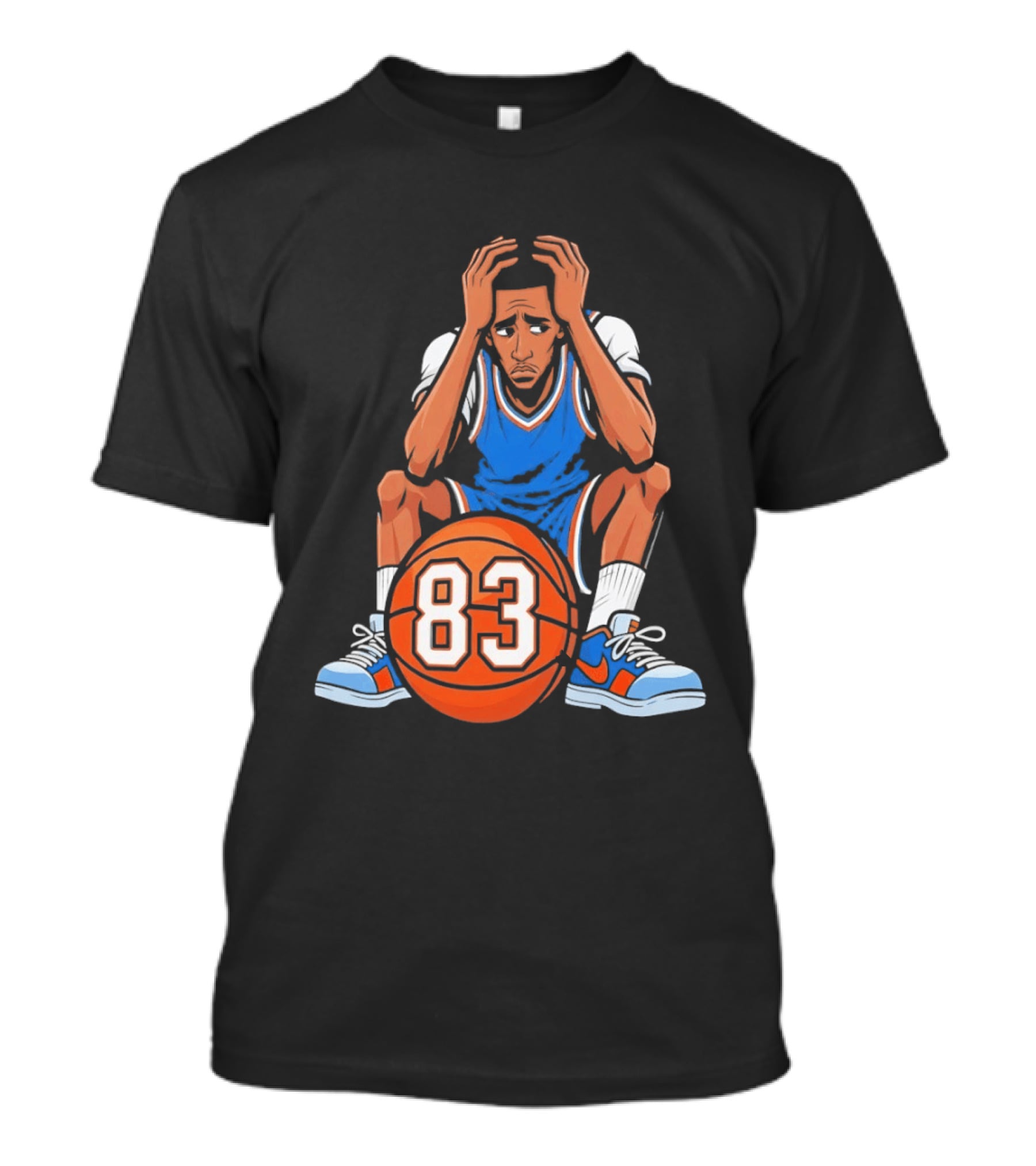 Basketball Player Caricature 83 Sitting Blue Orange Jersey Sneakers T-Shirt