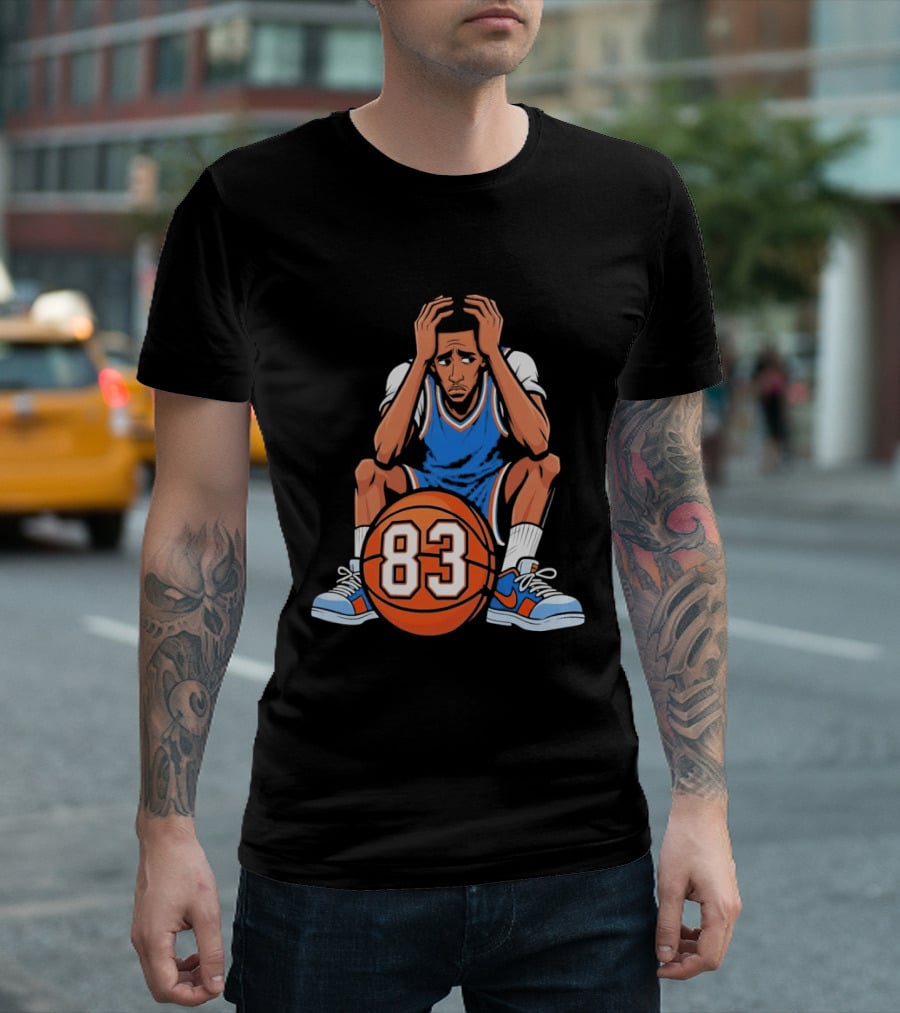 Basketball Player Caricature 83 Sitting Blue Orange Jersey Sneakers T-Shirt