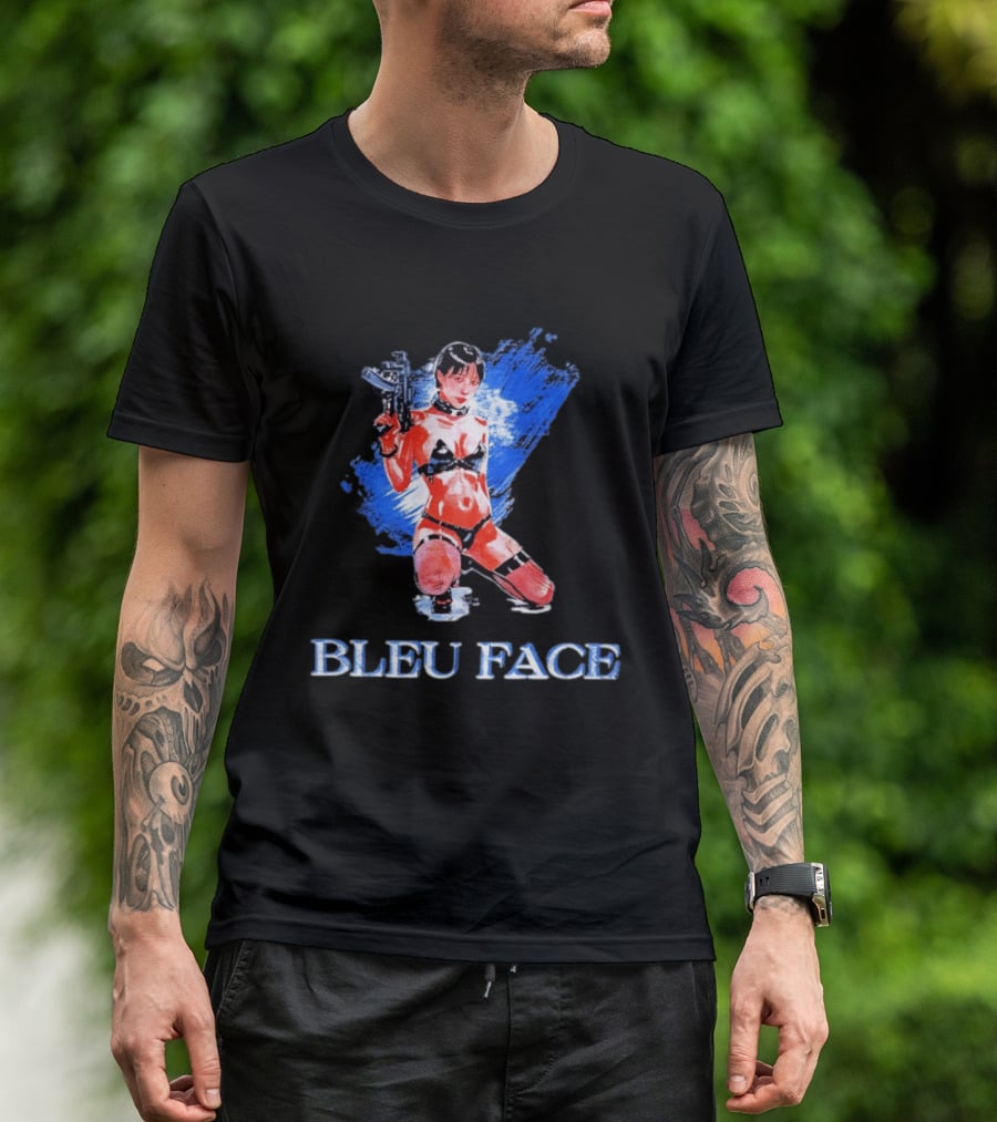 Bleu Face Anime Girl With Gun And Blue Brushstroke T-Shirt