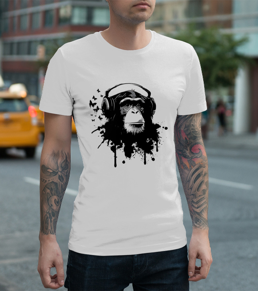 Monkey Headphones Street Art Splatter T-Shirt