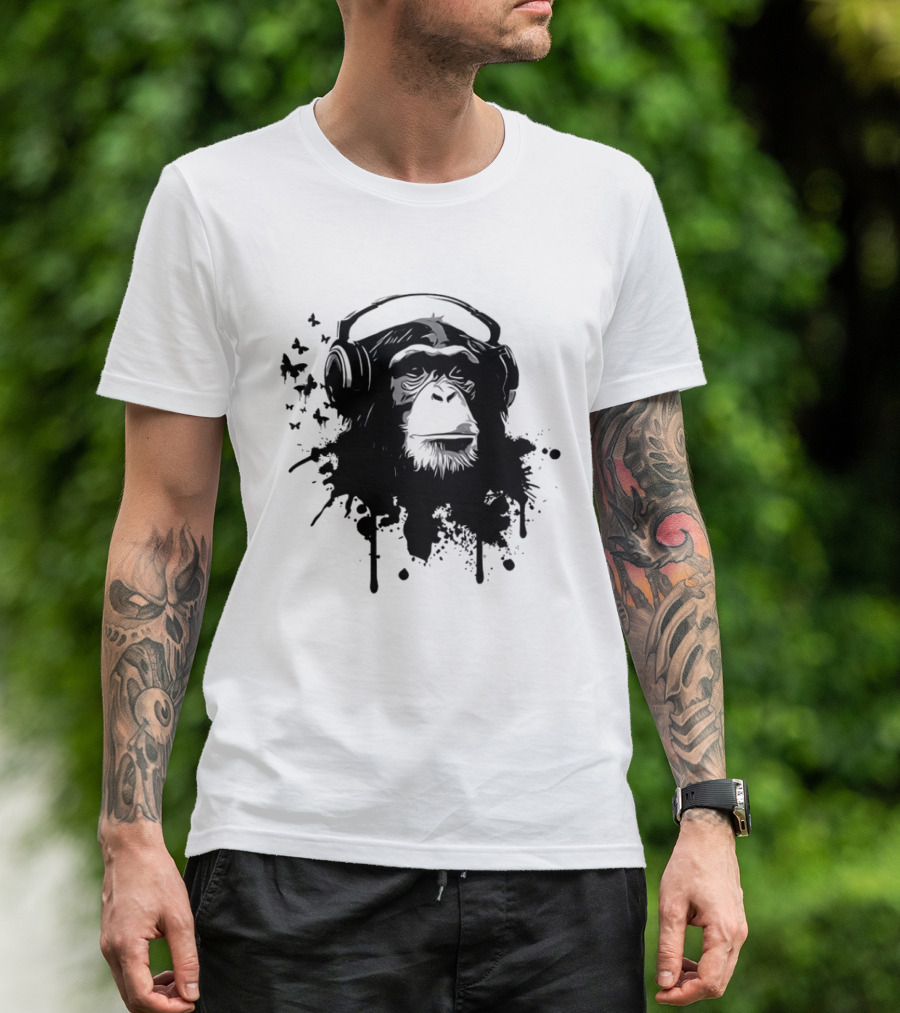 Monkey Headphones Street Art Splatter T-Shirt