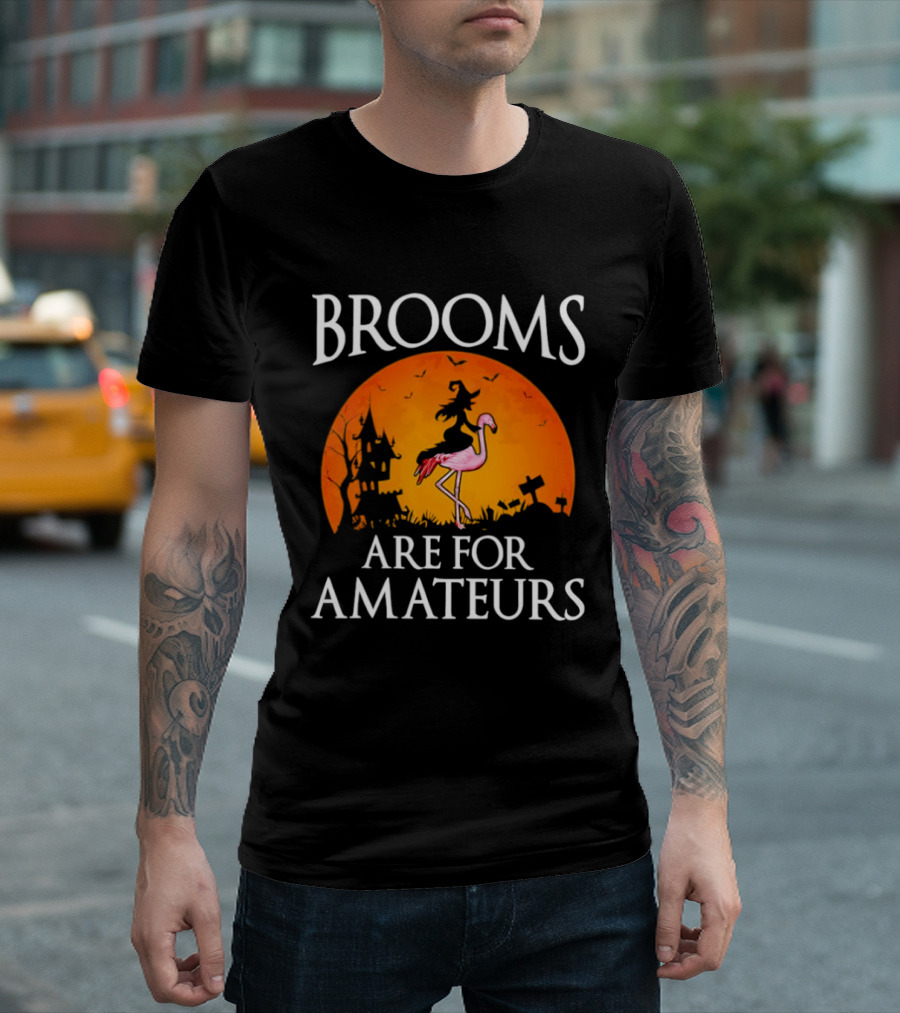 Brooms Are For Amateurs Flamingo Witch Halloween T-Shirt