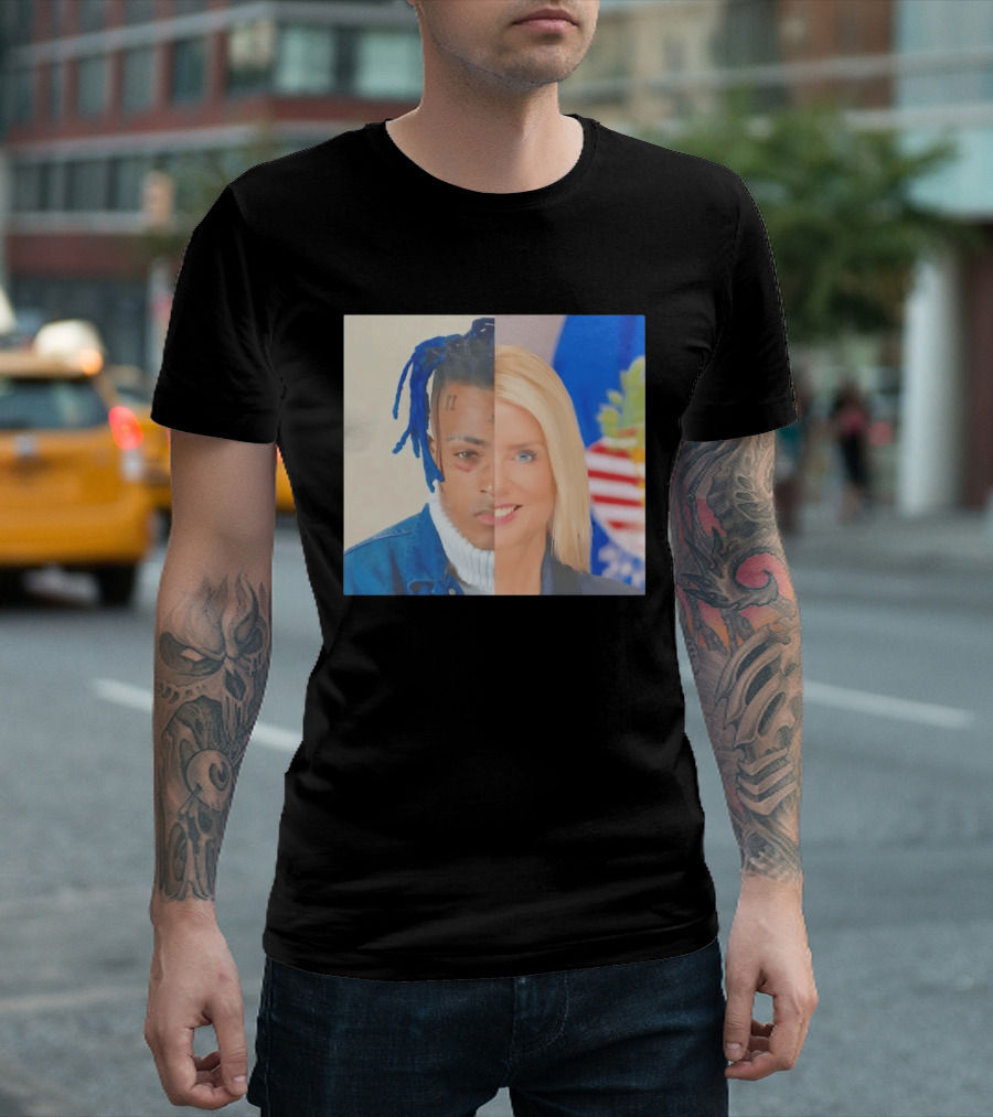 XXXTentacion Pam Bondi Split Image Face Half Blue Dreads Tattoos American Flag T-Shirt