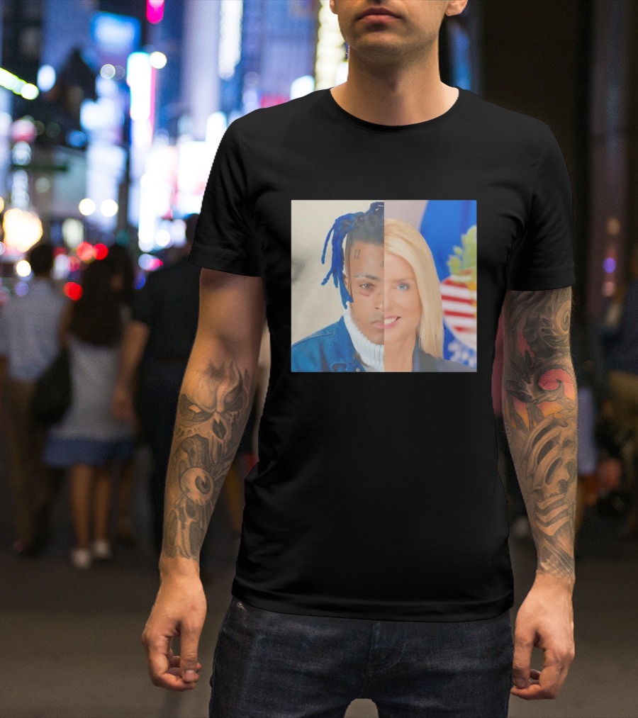 XXXTentacion Pam Bondi Split Image Face Half Blue Dreads Tattoos American Flag T-Shirt