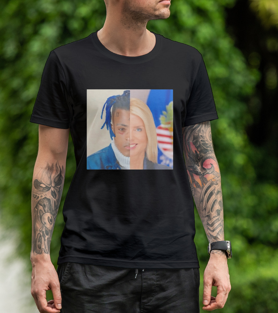 XXXTentacion Pam Bondi Split Image Face Half Blue Dreads Tattoos American Flag T-Shirt
